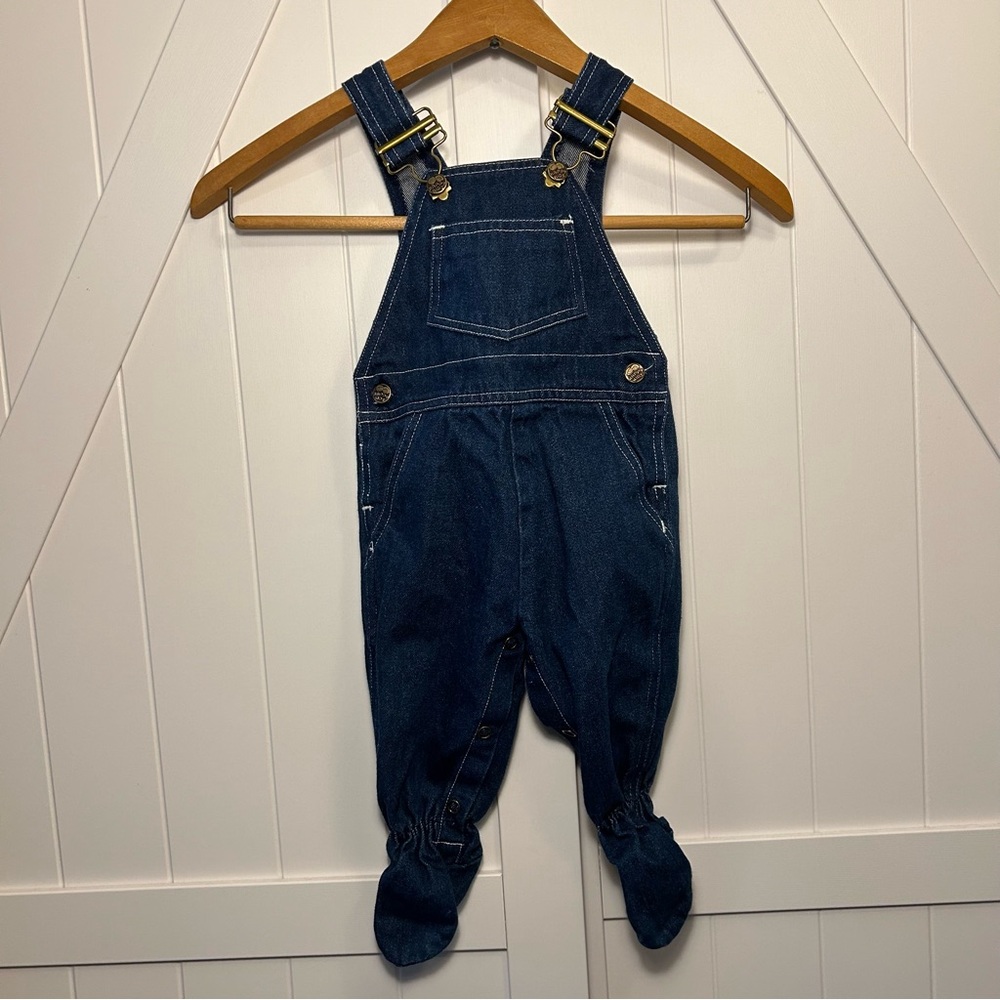 Vintage‎ Happy Kids Denim Blue Jeans Footie Overalls Cold Weather Baby 6 Months